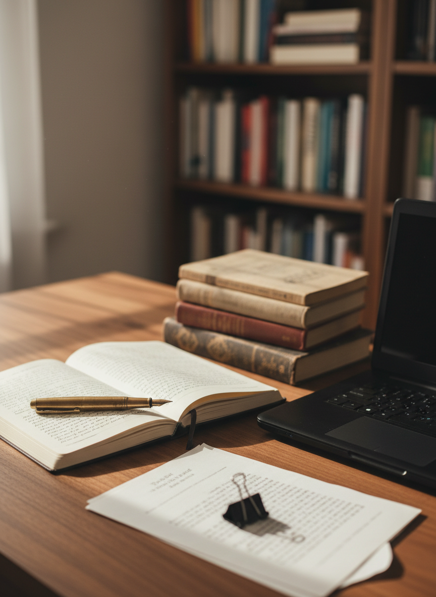 A meticulously arranged wooden writing desk in a quiet home office, its rich walnut surface holding a vintage brass fountain pen resting diagonally across an open hardcover notebook filled with neat, handwritten pages. A stack of well-worn novels and printed manuscripts anchors the far corner, beside a sleek black laptop in sleep mode. Soft morning light pours in from an unseen window to the left, casting long, gentle shadows and a warm glow across the paper’s subtle texture. Photographic realism at eye level, with a shallow depth of field that blurs the distant bookshelves lined with more titles, creating a calm, professional atmosphere suited for an accomplished author’s portfolio homepage.