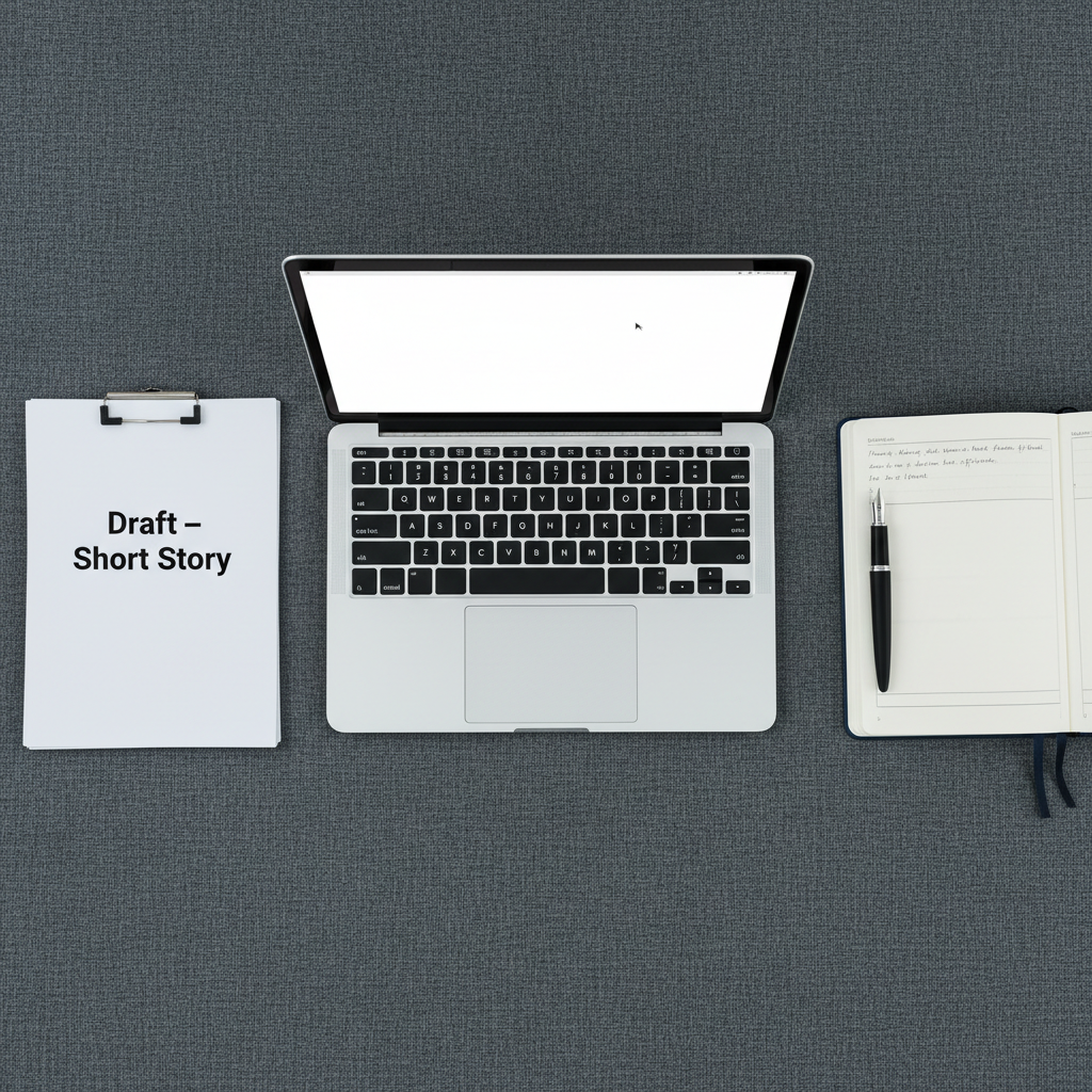 A minimalist flat-lay of a carefully arranged creative writing workspace on a charcoal fabric surface: a slim, silver laptop displaying a blank document, a navy-blue hardcover notebook opened to a half-filled page, and a matte black fountain pen placed precisely along the page’s margin. To the side, a small stack of printed pages titled “Draft – Short Story” is clipped together. Cool, diffused studio lighting from above creates soft, even illumination with minimal shadows, emphasizing texture and clarity. Photographic realism with a top-down, bird’s eye composition and ample negative space around the objects. The mood is disciplined, modern, and thoughtful, perfectly aligned with a professional author’s brand imagery.