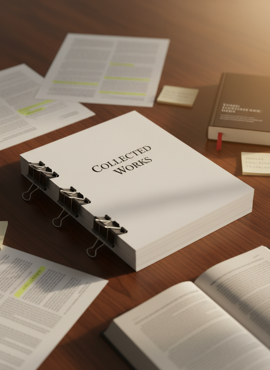 A close-up, photographic-realism shot of a thick manuscript placed precisely in the center of a clean, dark wood table, the title page reading “Collected Works” in crisp, serif type. Metal binder clips hold the pages tightly, their edges forming a solid, white block. Around it, in soft focus, lie printed articles with highlighted passages, sticky notes, and a single, bookmarked trade paperback. Golden hour light enters from the right, creating a soft gradient across the pages and subtle specular highlights on the clips. Captured from a slightly elevated angle using the rule of thirds, the mood is focused and professional, emphasizing the breadth and seriousness of a creative writing portfolio.